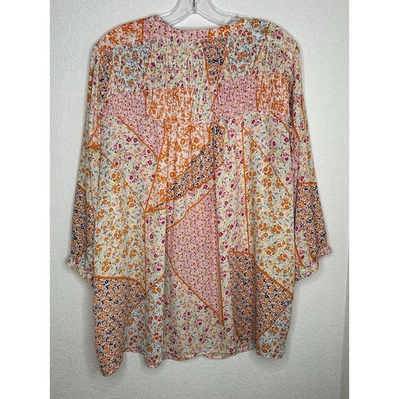 Rose+Olive Top 1X Patchwork Print Orange Pink Floral Boho Smocking Drape Light - Picture 2 of 14